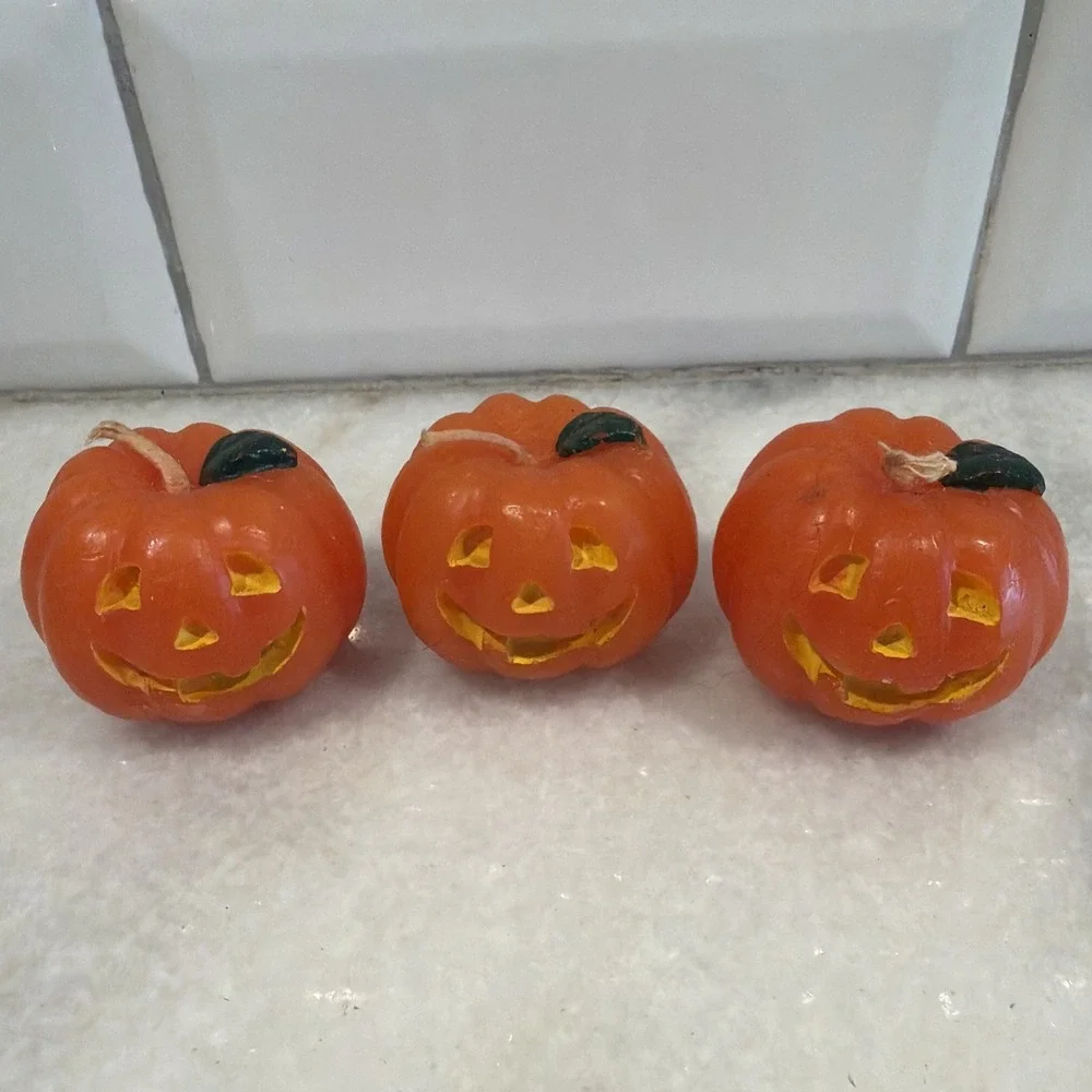 Set Of 3 Vintage 1980's Halloween Pumpkin Jack-O-Lantern Candle Decoration